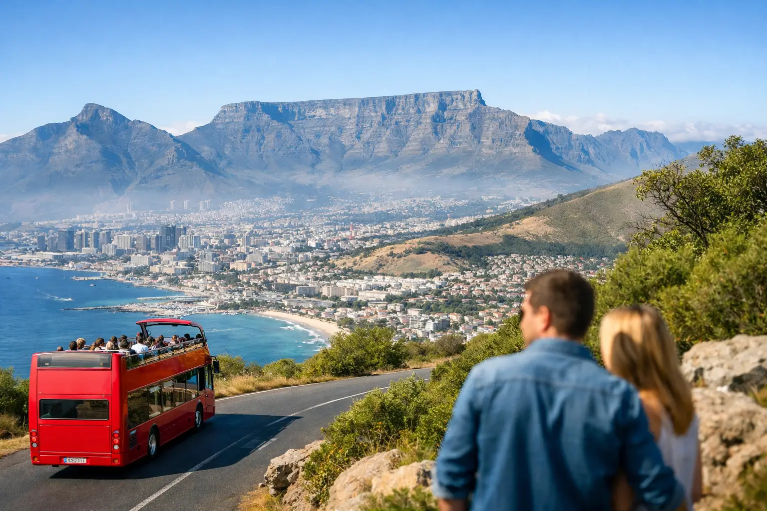 Table Mountain and the Cape Town city bowl seen from a scenic tour route