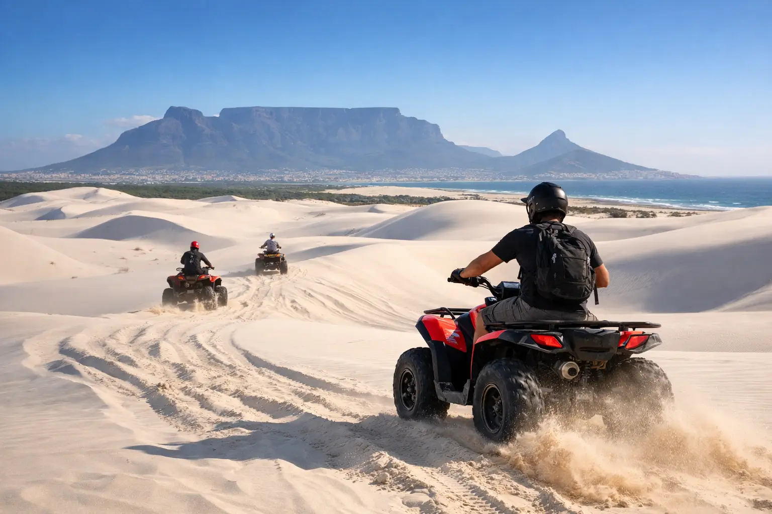 Quad bikes crossing the white Atlantis sand dunes with Table Mountain behind